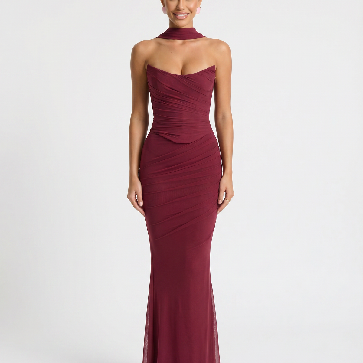 Mariska | Maxi Dress with Ruched Mesh and Fluted Hem