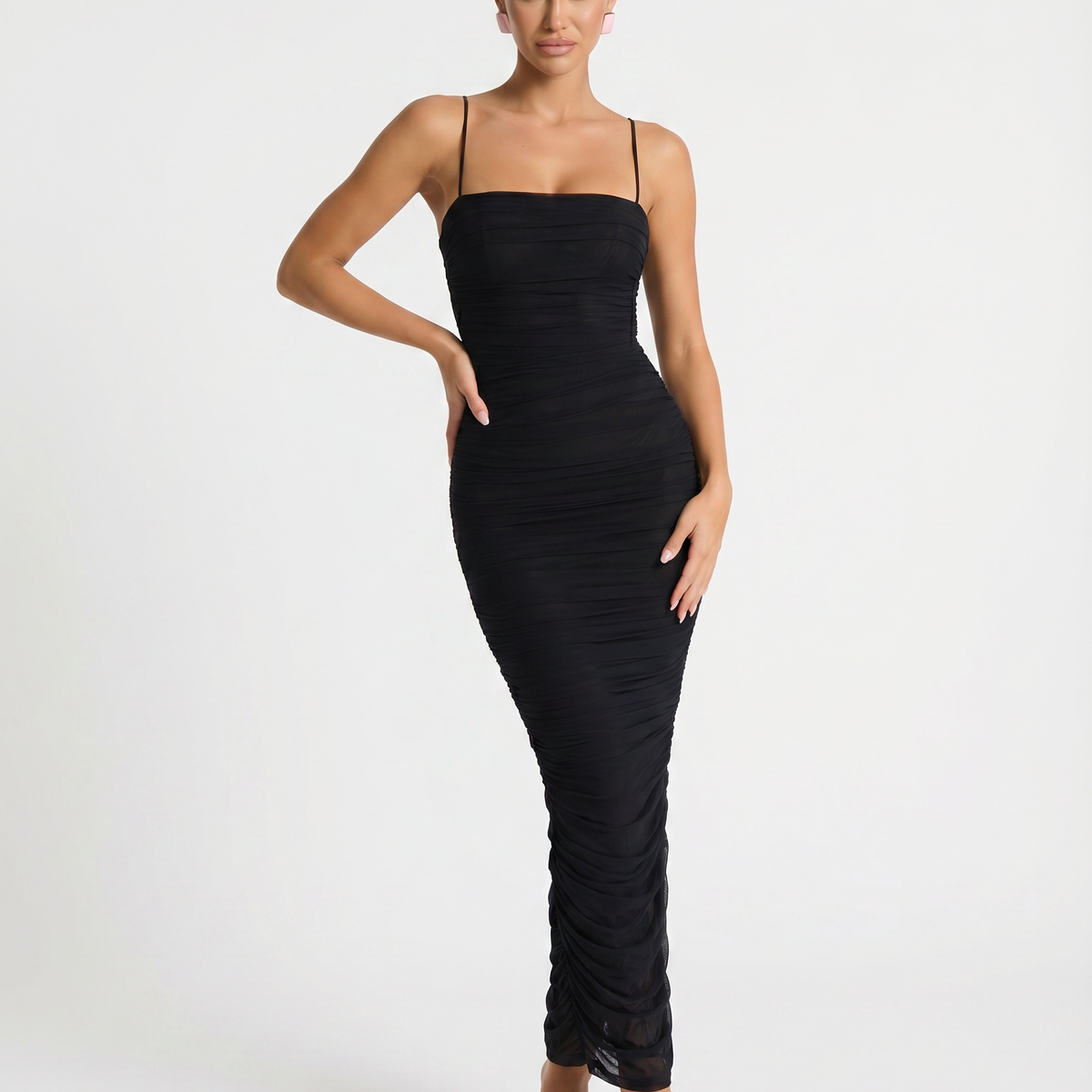 Adele | Maxi Dress with Gathered Mesh and Side Slit
