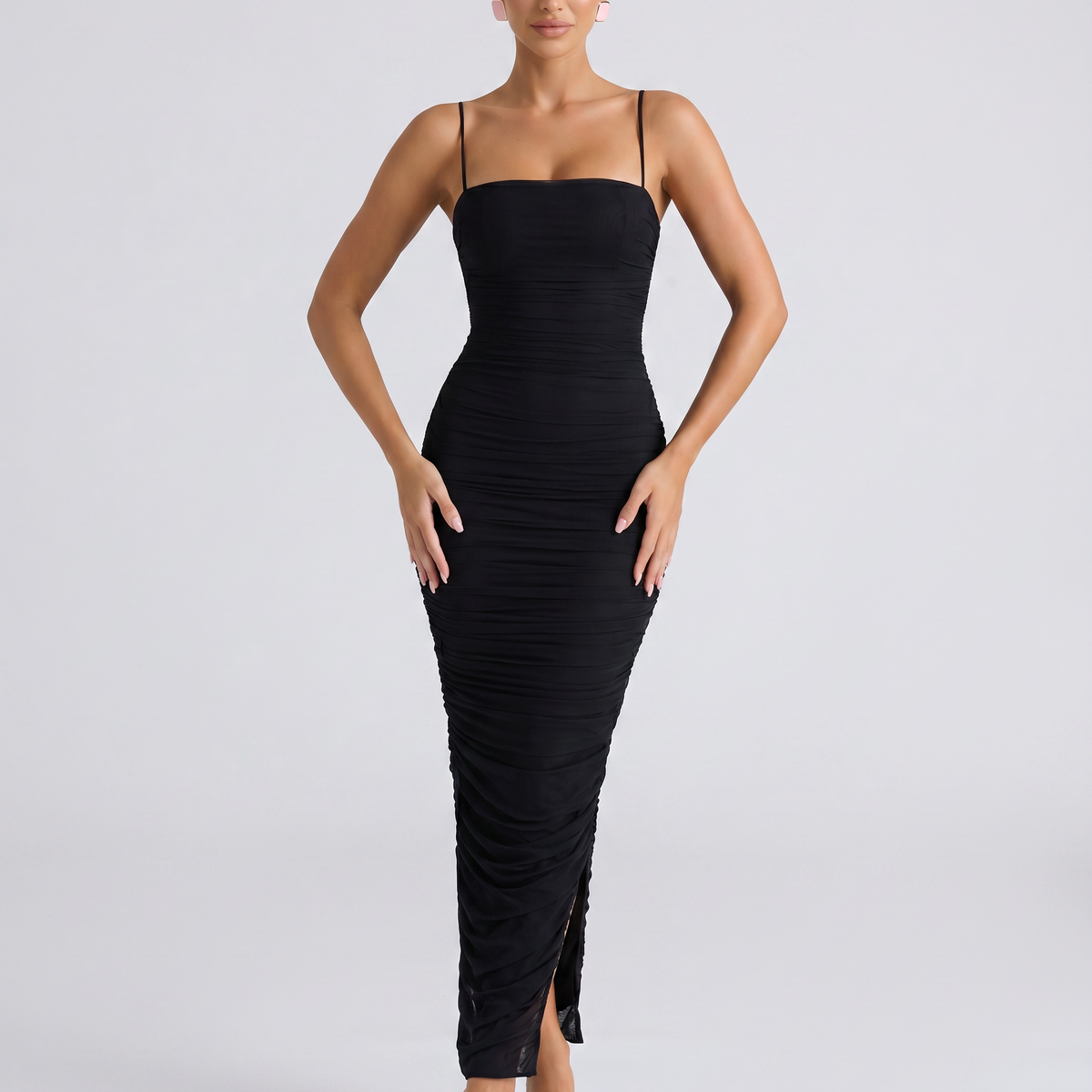 Adele | Maxi Dress with Gathered Mesh and Side Slit