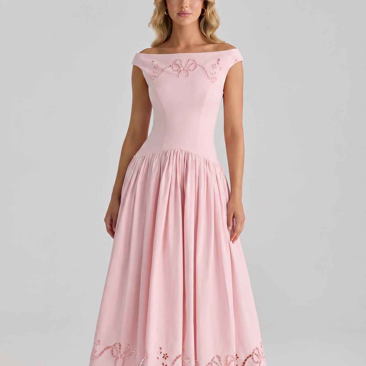 Sheila | Midi Dress with Broderie Anglaise and Off-Shoulder Neckline