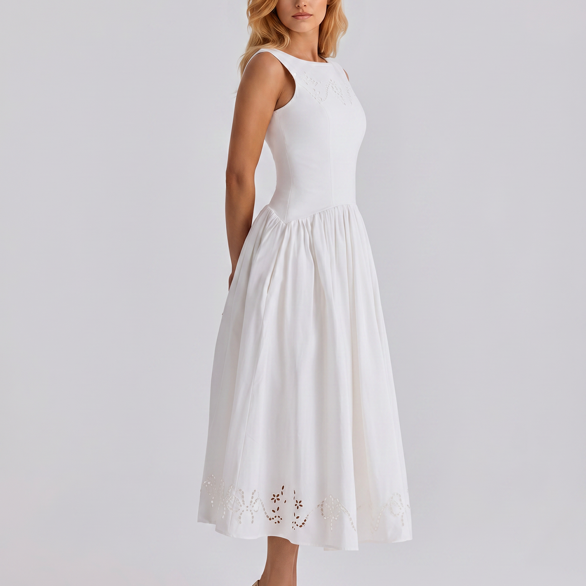 Sheila | Midi Dress with Broderie Anglaise and Off-Shoulder Neckline