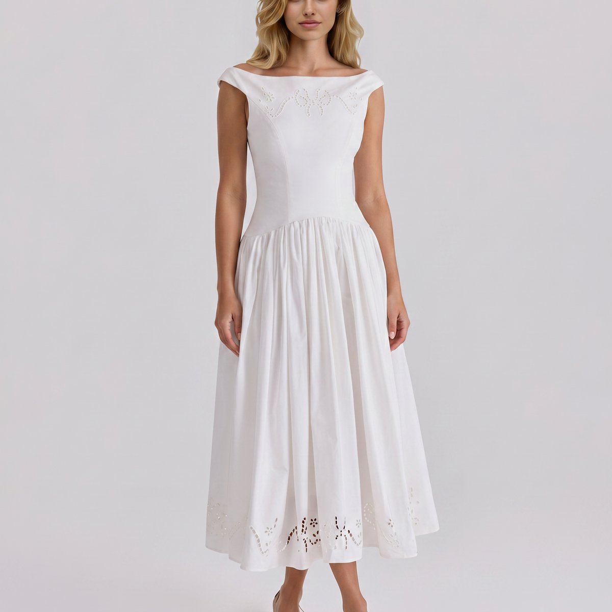 Sheila | Midi Dress with Broderie Anglaise and Off-Shoulder Neckline