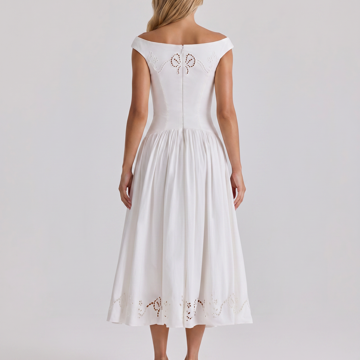 Sheila | Midi Dress with Broderie Anglaise and Off-Shoulder Neckline