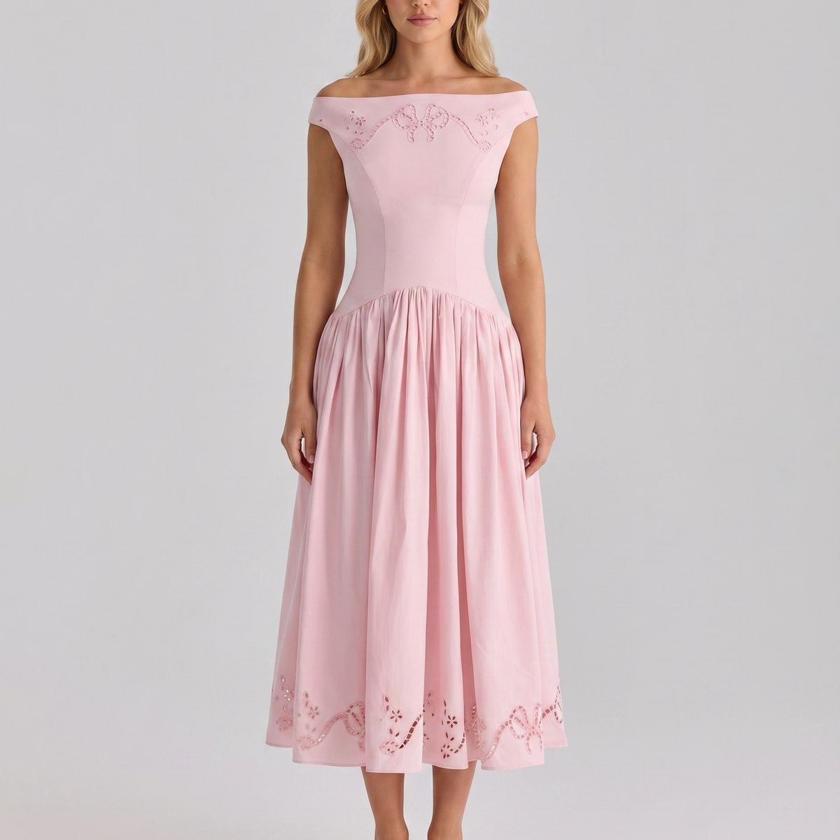 Sheila | Midi Dress with Broderie Anglaise and Off-Shoulder Neckline
