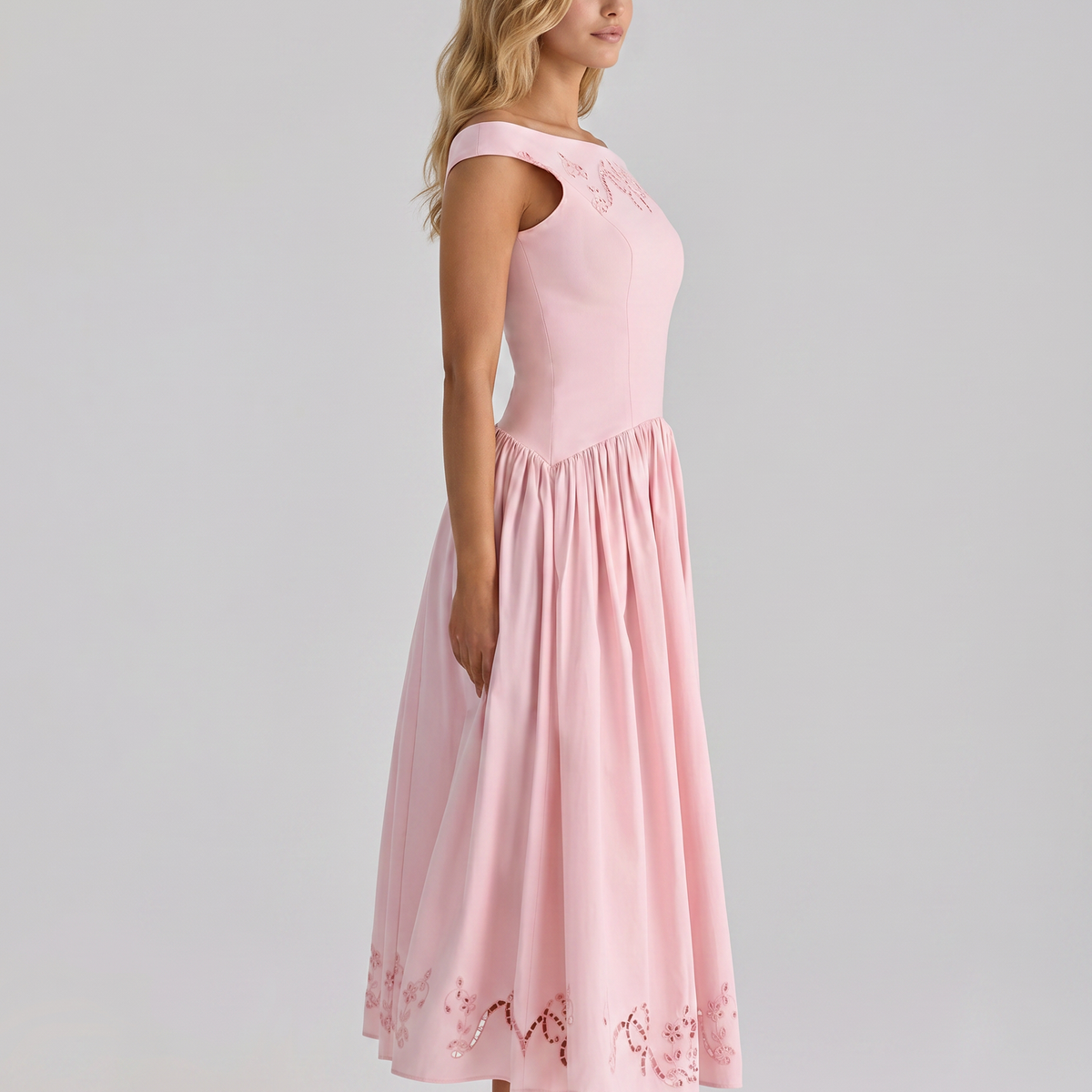 Sheila | Midi Dress with Broderie Anglaise and Off-Shoulder Neckline