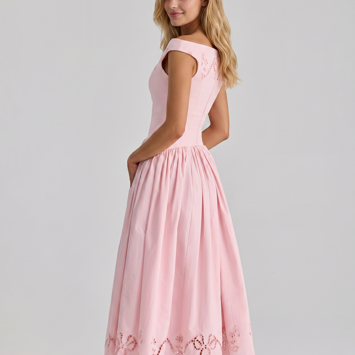 Sheila | Midi Dress with Broderie Anglaise and Off-Shoulder Neckline