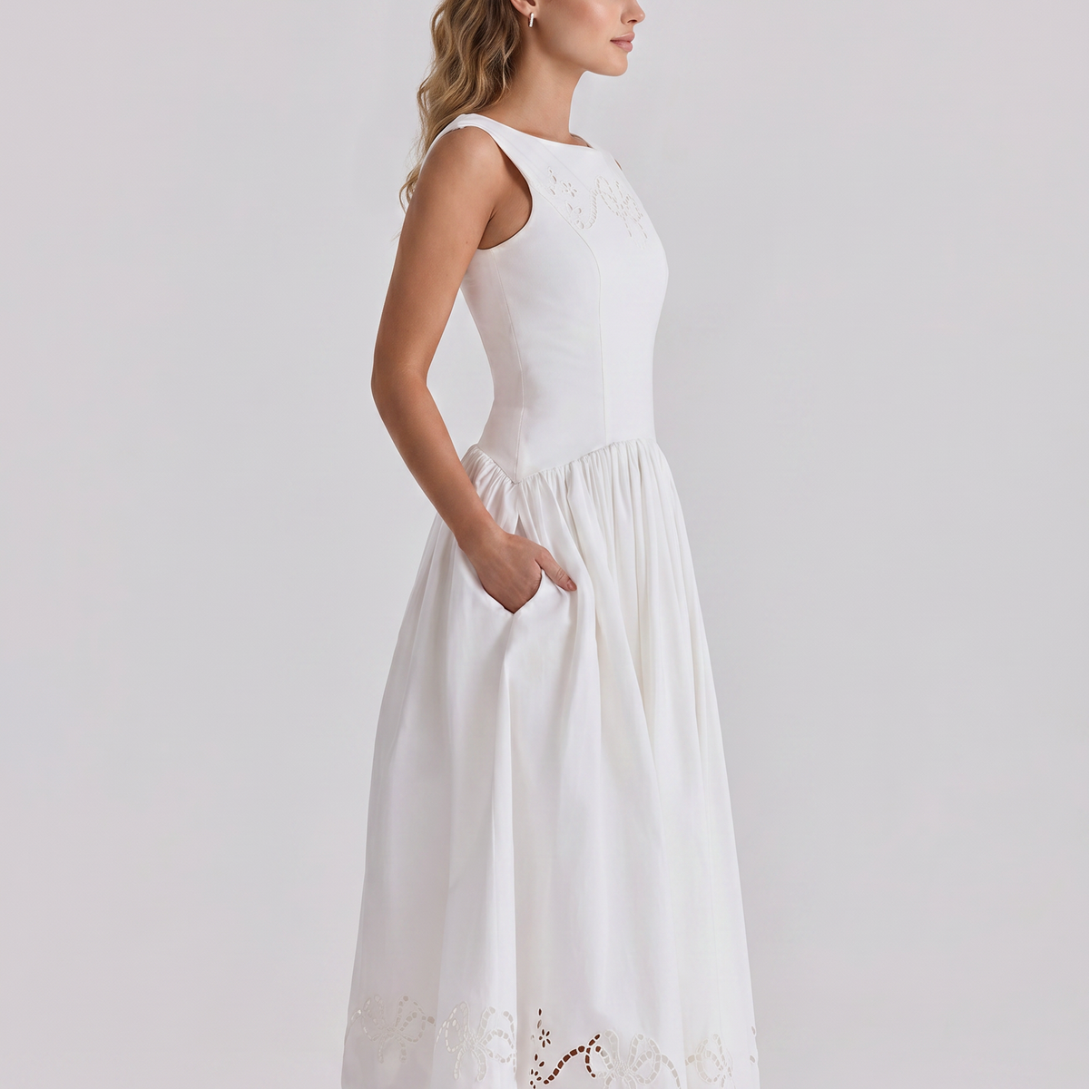 Sheila | Midi Dress with Broderie Anglaise and Off-Shoulder Neckline