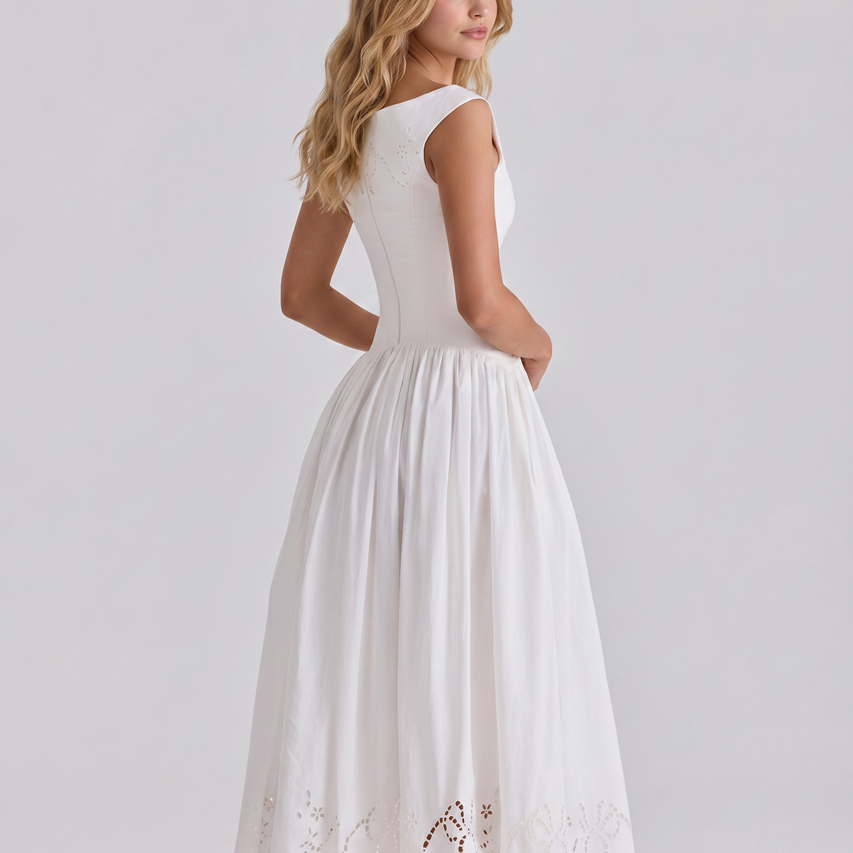 Sheila | Midi Dress with Broderie Anglaise and Off-Shoulder Neckline