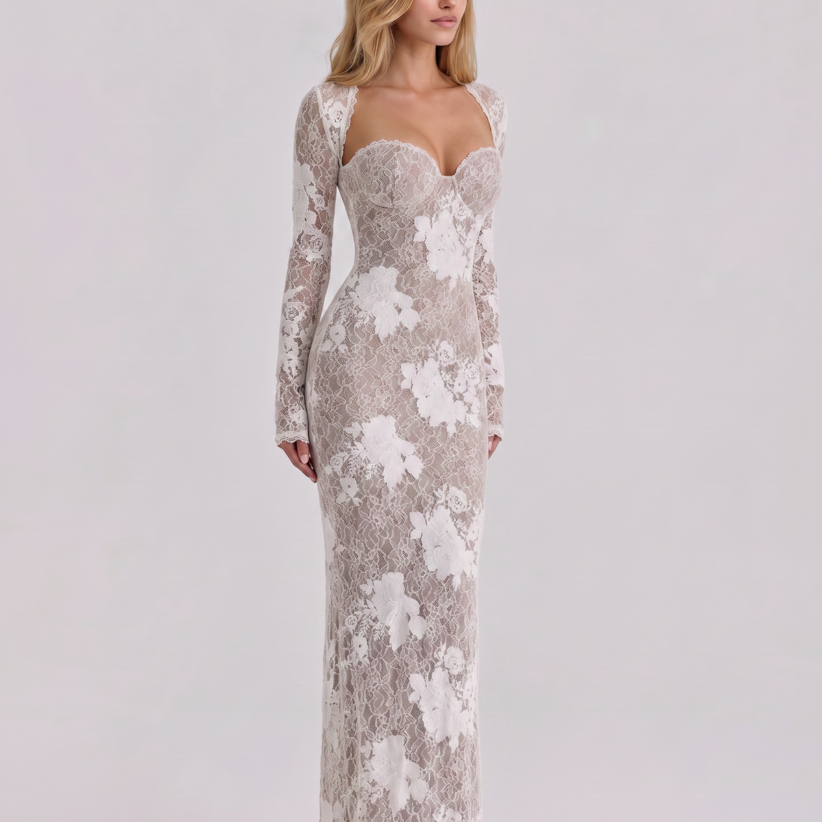 Marla | Maxi Dress with Lace Overlay and Long Sleeves