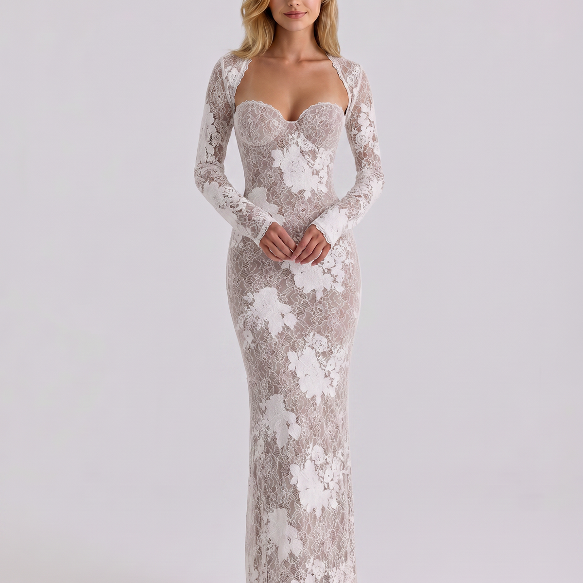 Marla | Maxi Dress with Lace Overlay and Long Sleeves