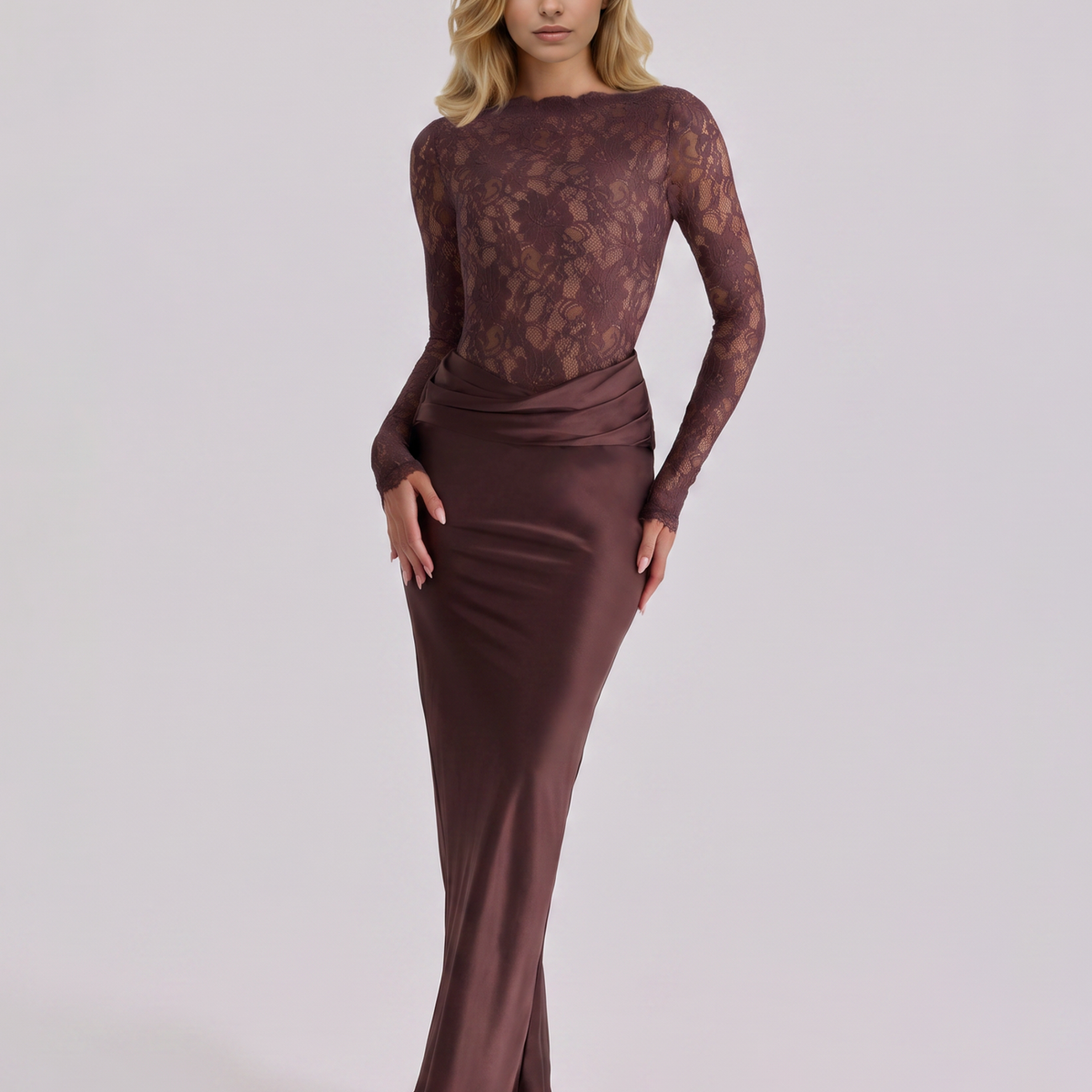 Miranda | Lace Bodice Satin Maxi Dress Draped Skirt