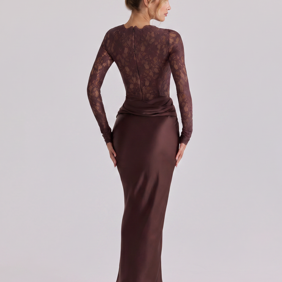 Miranda | Lace Bodice Satin Maxi Dress Draped Skirt