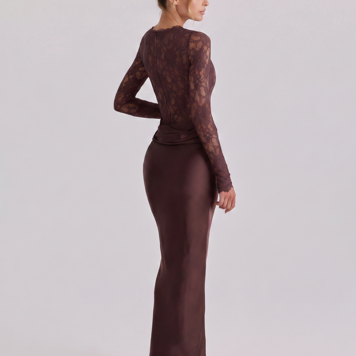 Miranda | Lace Bodice Satin Maxi Dress Draped Skirt