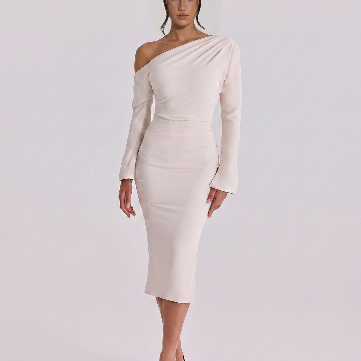 Patrica | Midi Dress with One Shoulder Draped Design