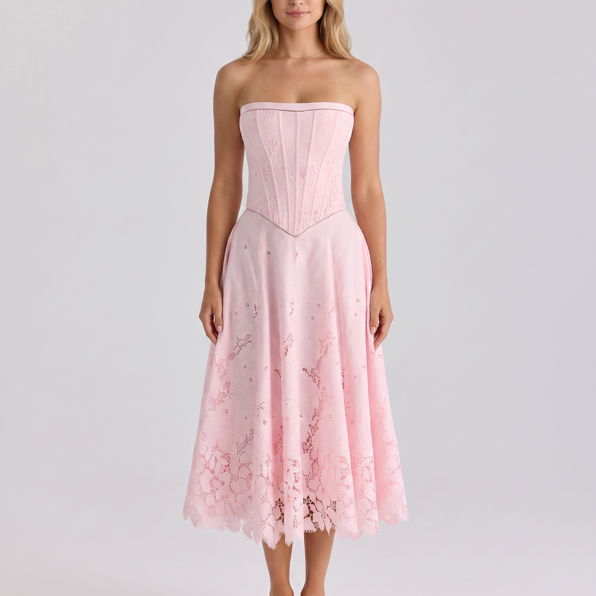 Brigitte | Strapless Midi Dress with Lace Skirt