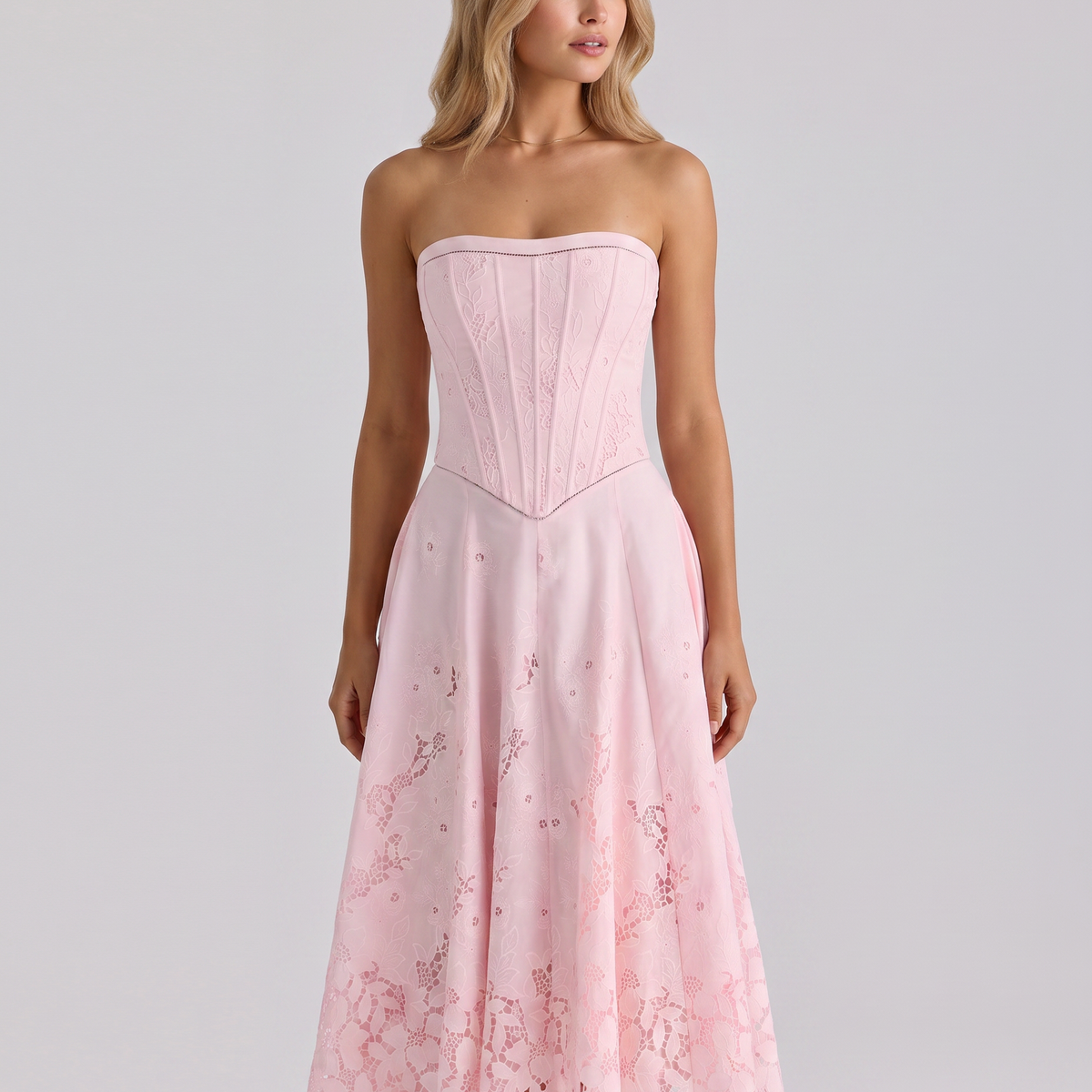 Brigitte | Strapless Midi Dress with Lace Skirt