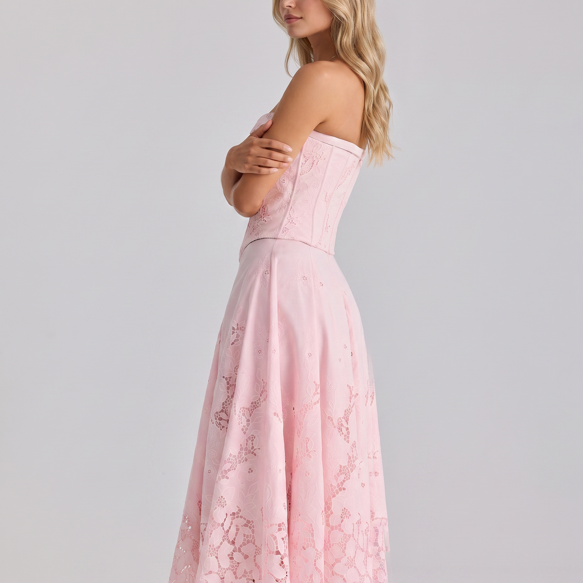 Brigitte | Strapless Midi Dress with Lace Skirt