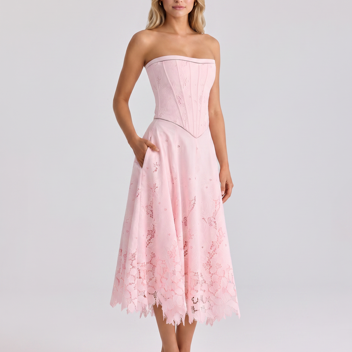 Brigitte | Strapless Midi Dress with Lace Skirt