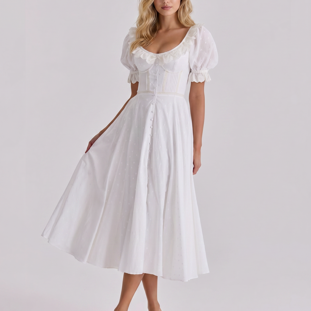 Nadia | Midi Dress with Puff Sleeves and Pintuck Bodice