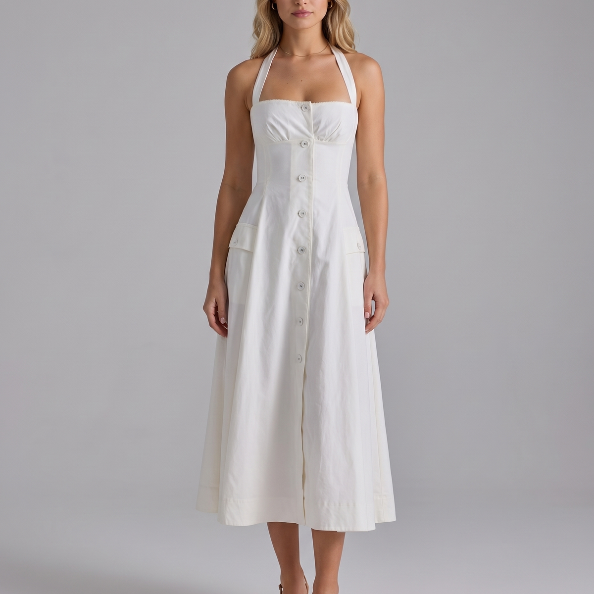 Loretta | Midi Dress with Halter Neck and Button Front