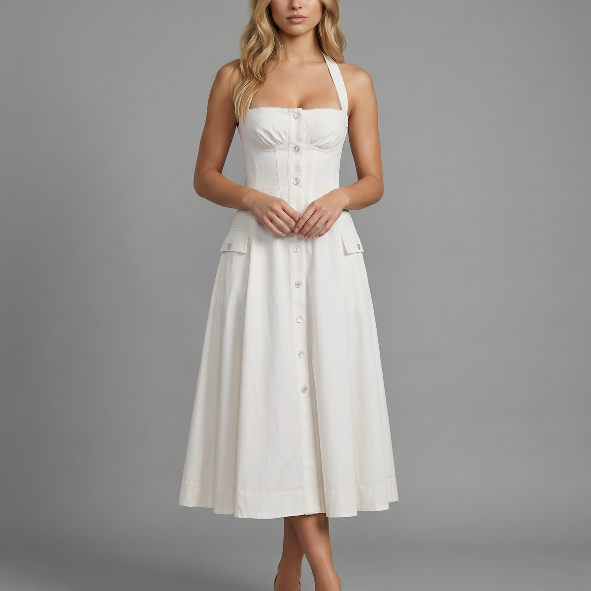 Loretta | Midi Dress with Halter Neck and Button Front