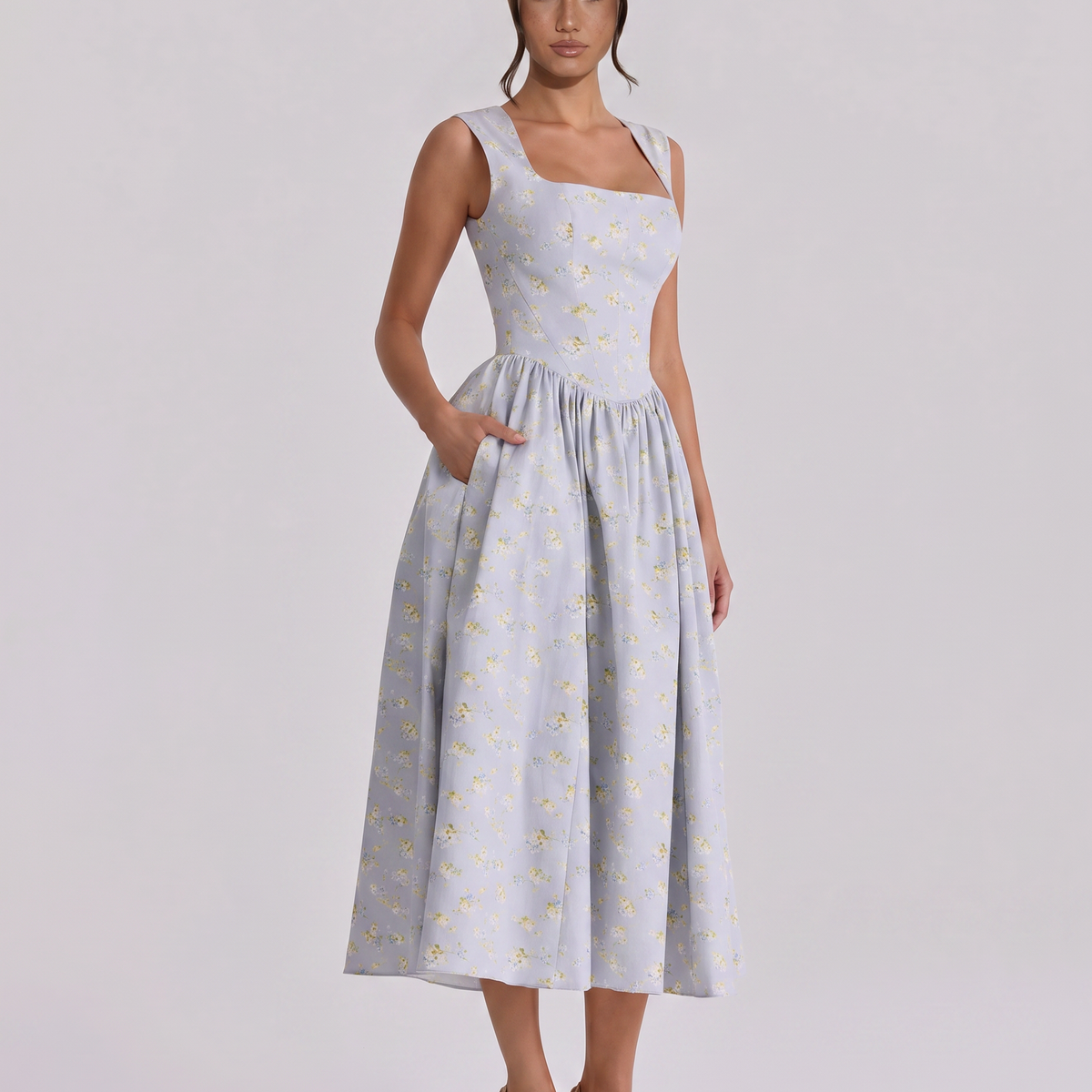 Nellie | Midi Sundress with Square Neck and Pleated Skirt