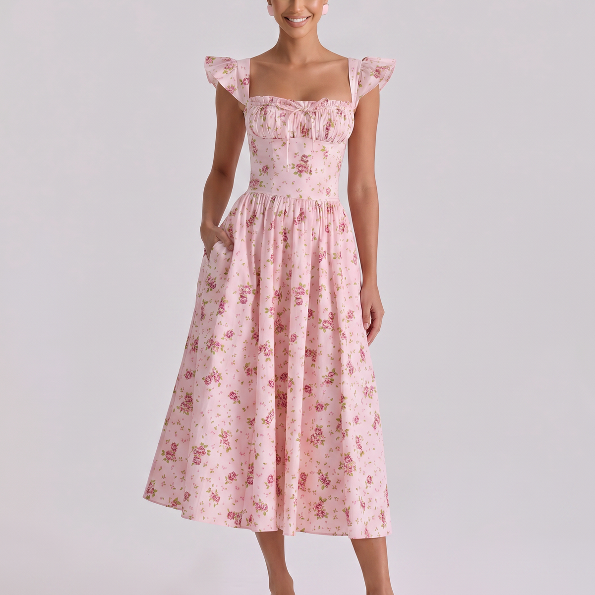 Tabitha | Midi Sundress with Floral Print and Lace-Up Back