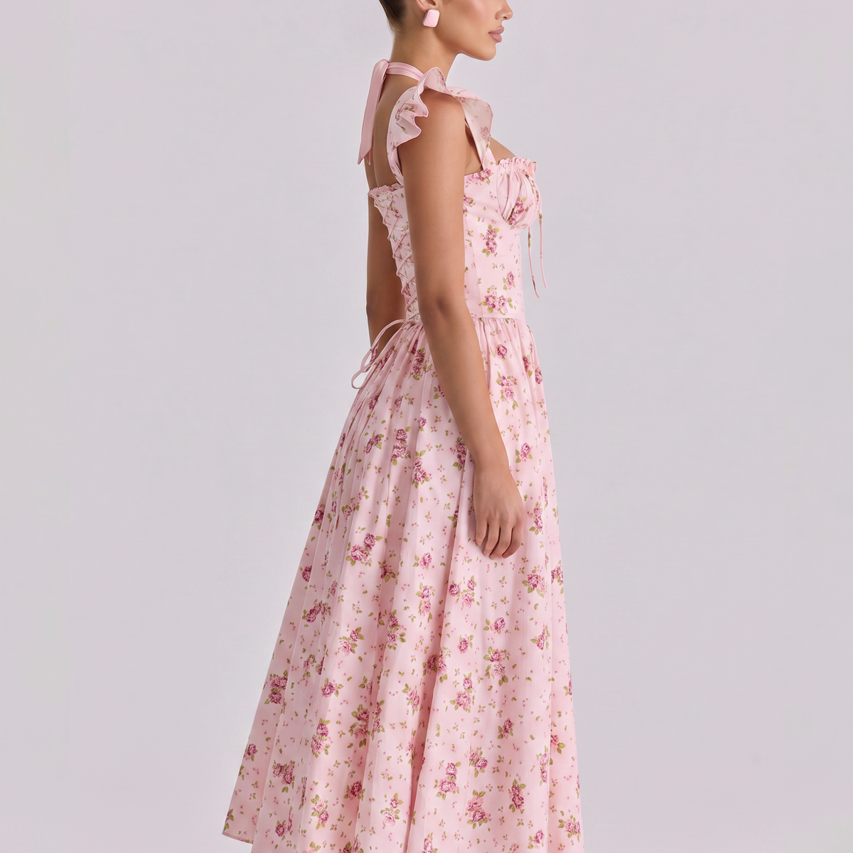 Tabitha | Midi Sundress with Floral Print and Lace-Up Back