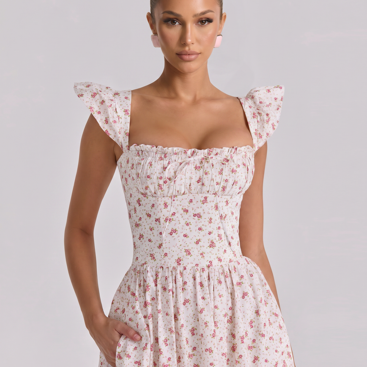 Tabitha | Midi Sundress with Floral Print and Lace-Up Back