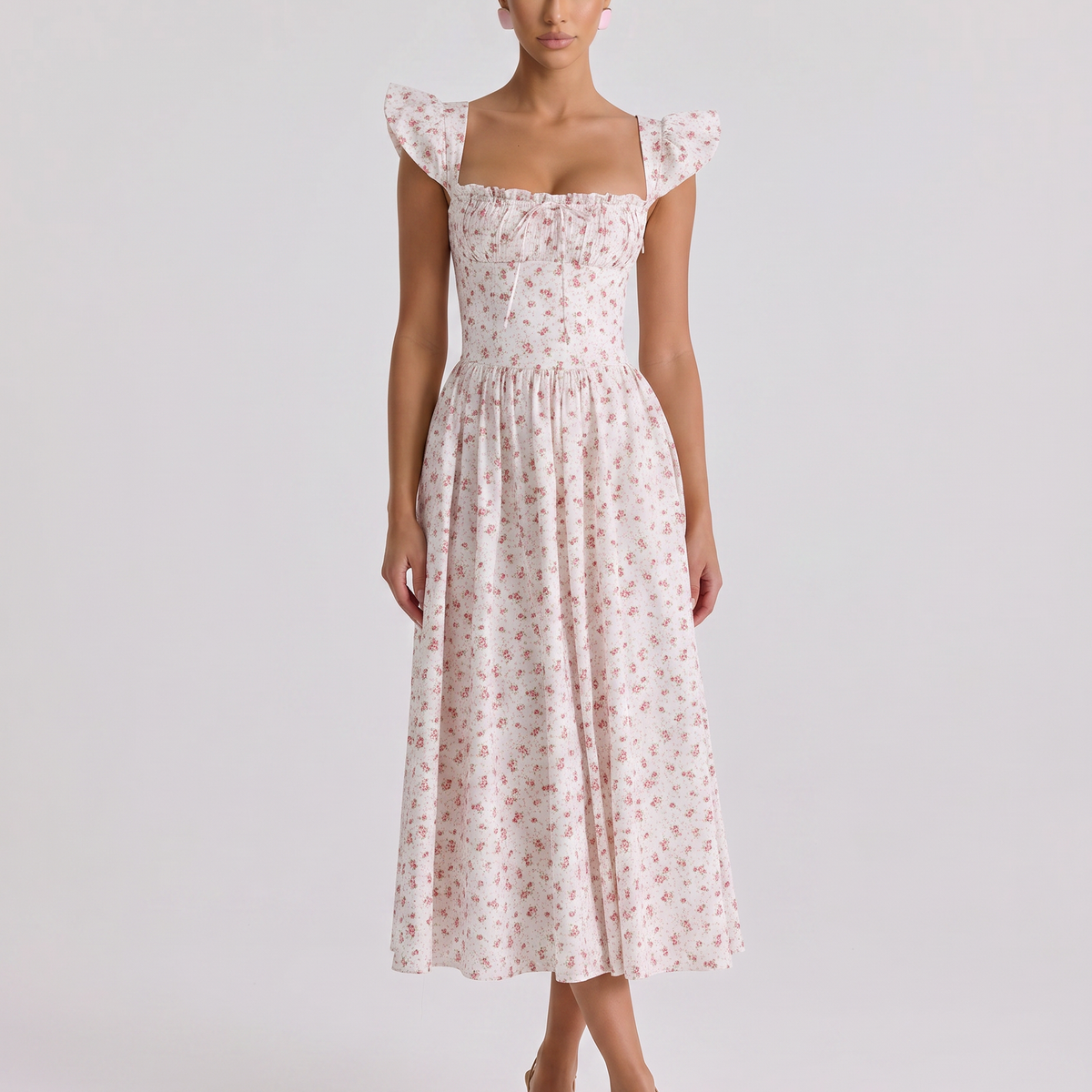 Tabitha | Midi Sundress with Floral Print and Lace-Up Back