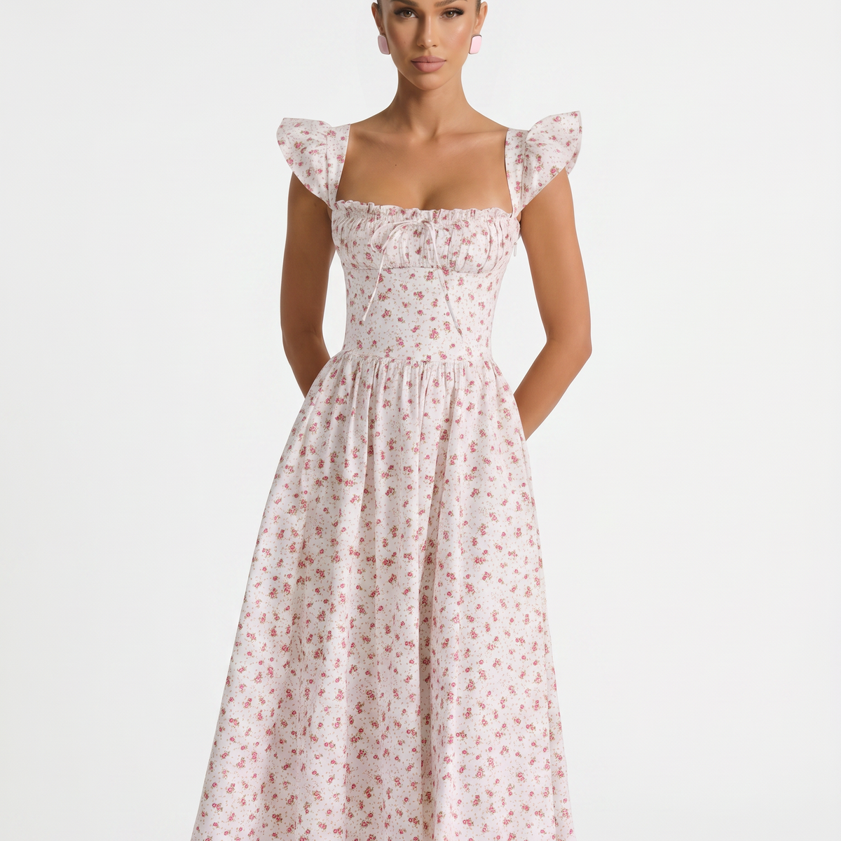 Tabitha | Midi Sundress with Floral Print and Lace-Up Back