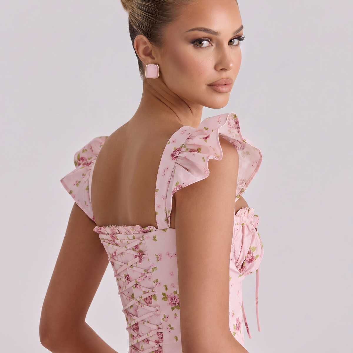 Tabitha | Midi Sundress with Floral Print and Lace-Up Back