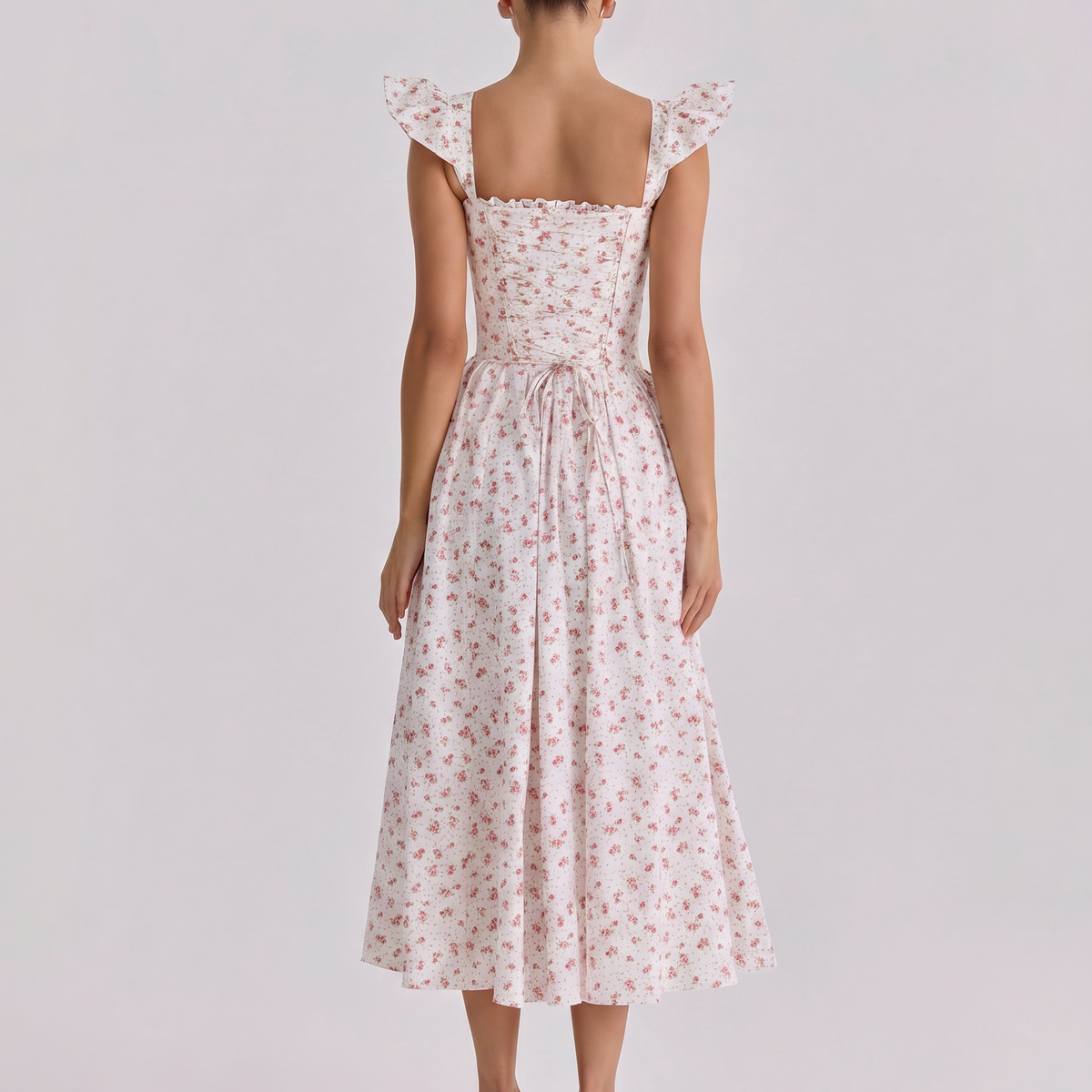 Tabitha | Midi Sundress with Floral Print and Lace-Up Back