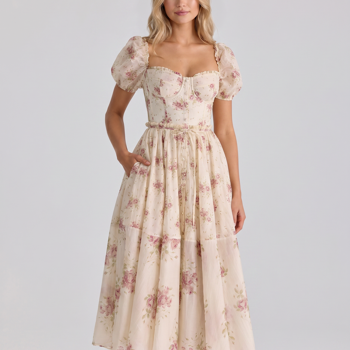 Finley | Midi Dress with Floral Print and Puff Sleeves