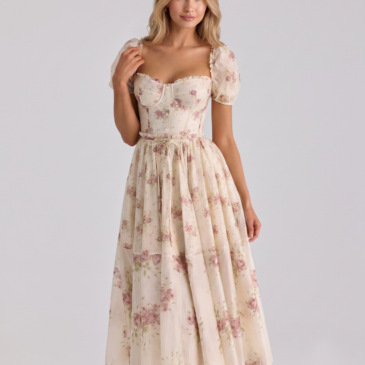 Finley | Midi Dress with Floral Print and Puff Sleeves