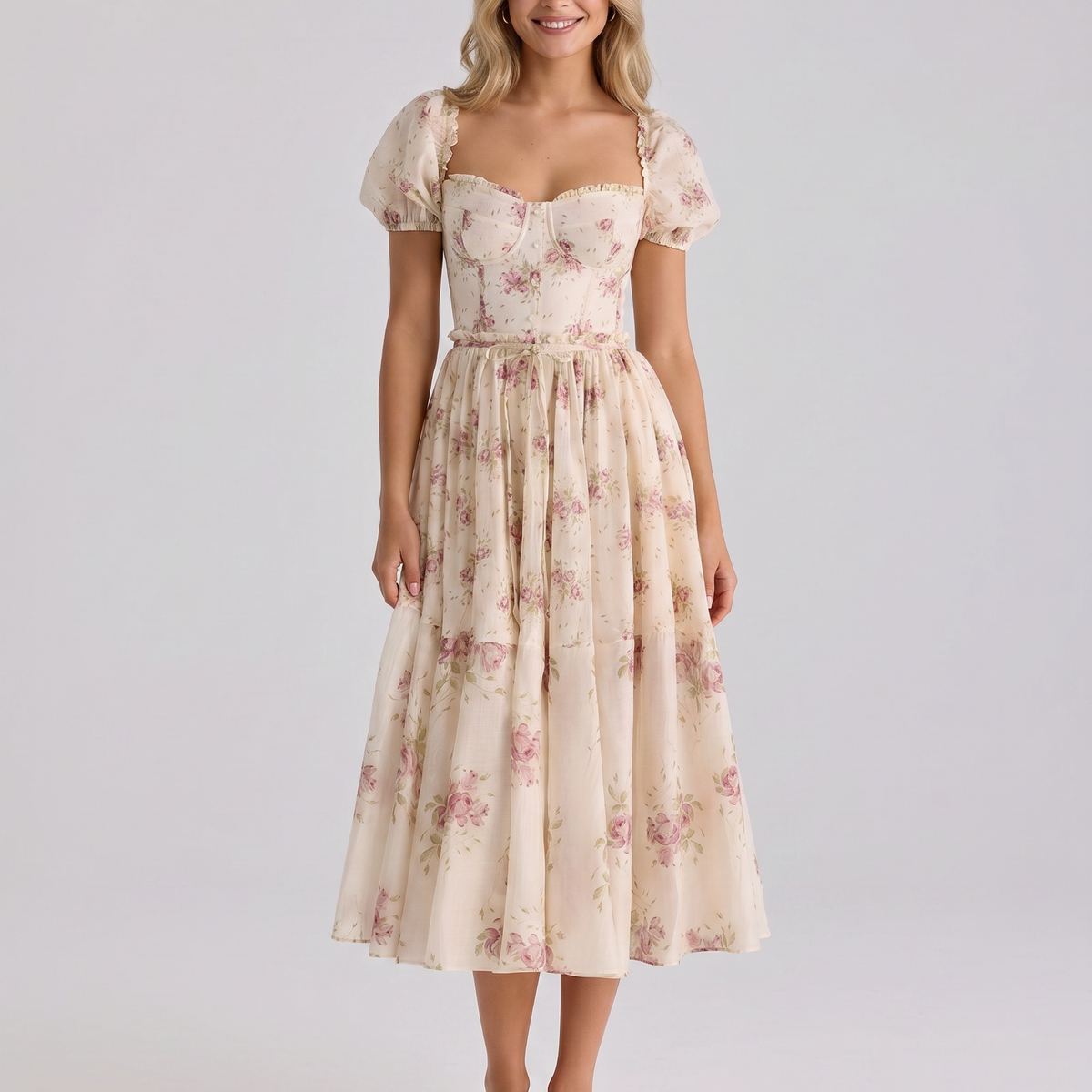 Finley | Midi Dress with Floral Print and Puff Sleeves