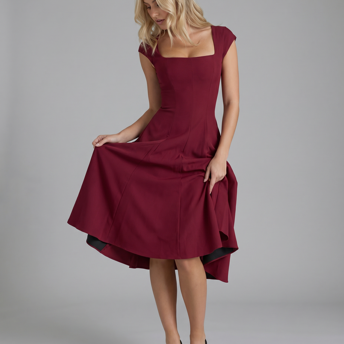 Larissa | Midi Dress with Lace-Up Back and Square Neck