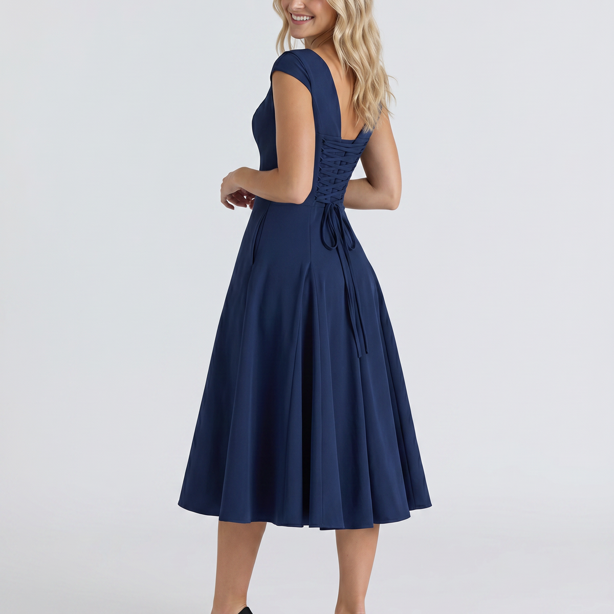 Larissa | Midi Dress with Lace-Up Back and Square Neck
