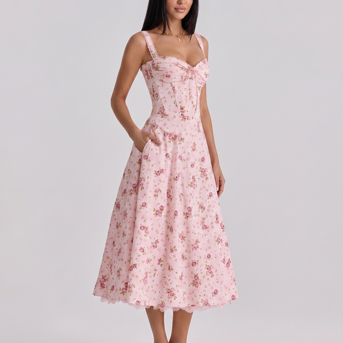 Frances | Midi Dress with Floral Print and Corset Bodice