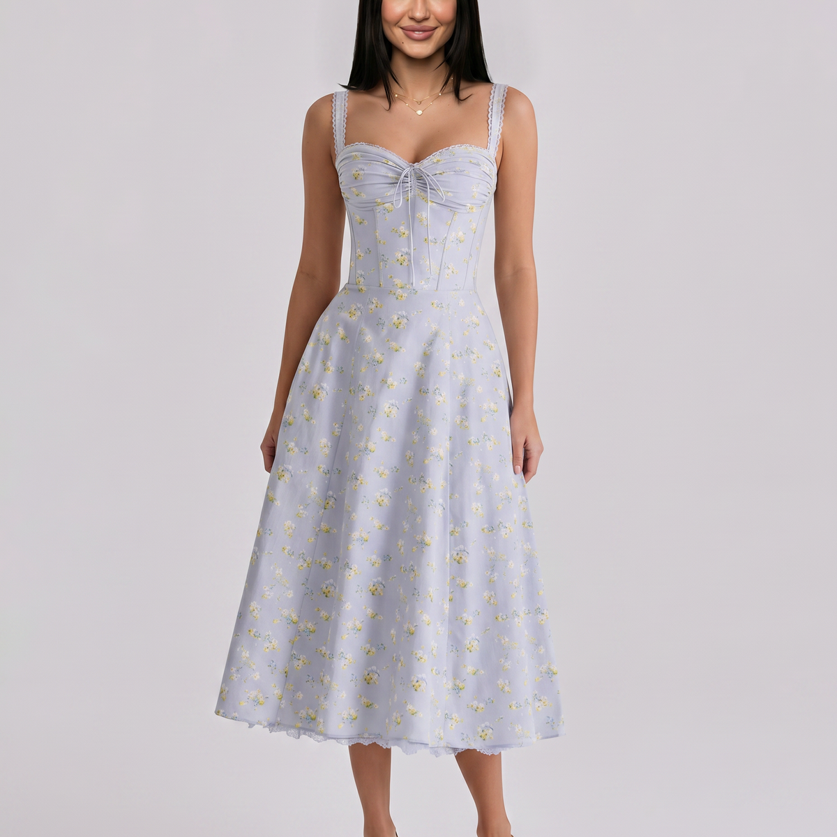 Frances | Midi Dress with Floral Print and Corset Bodice