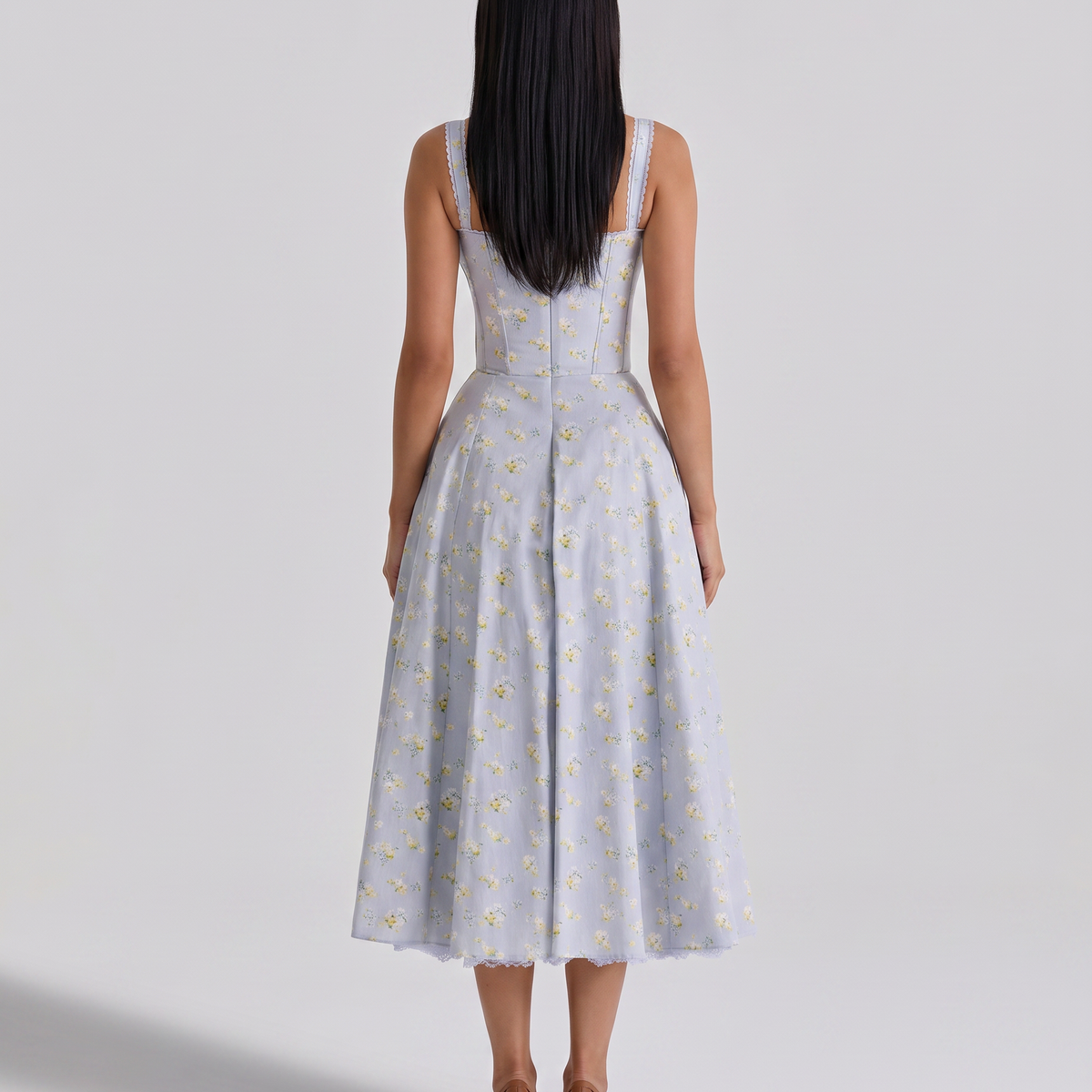 Frances | Midi Dress with Floral Print and Corset Bodice