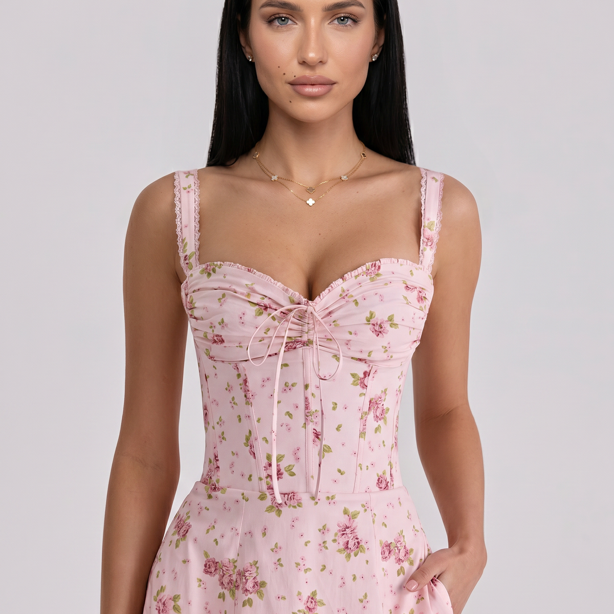 Frances | Midi Dress with Floral Print and Corset Bodice