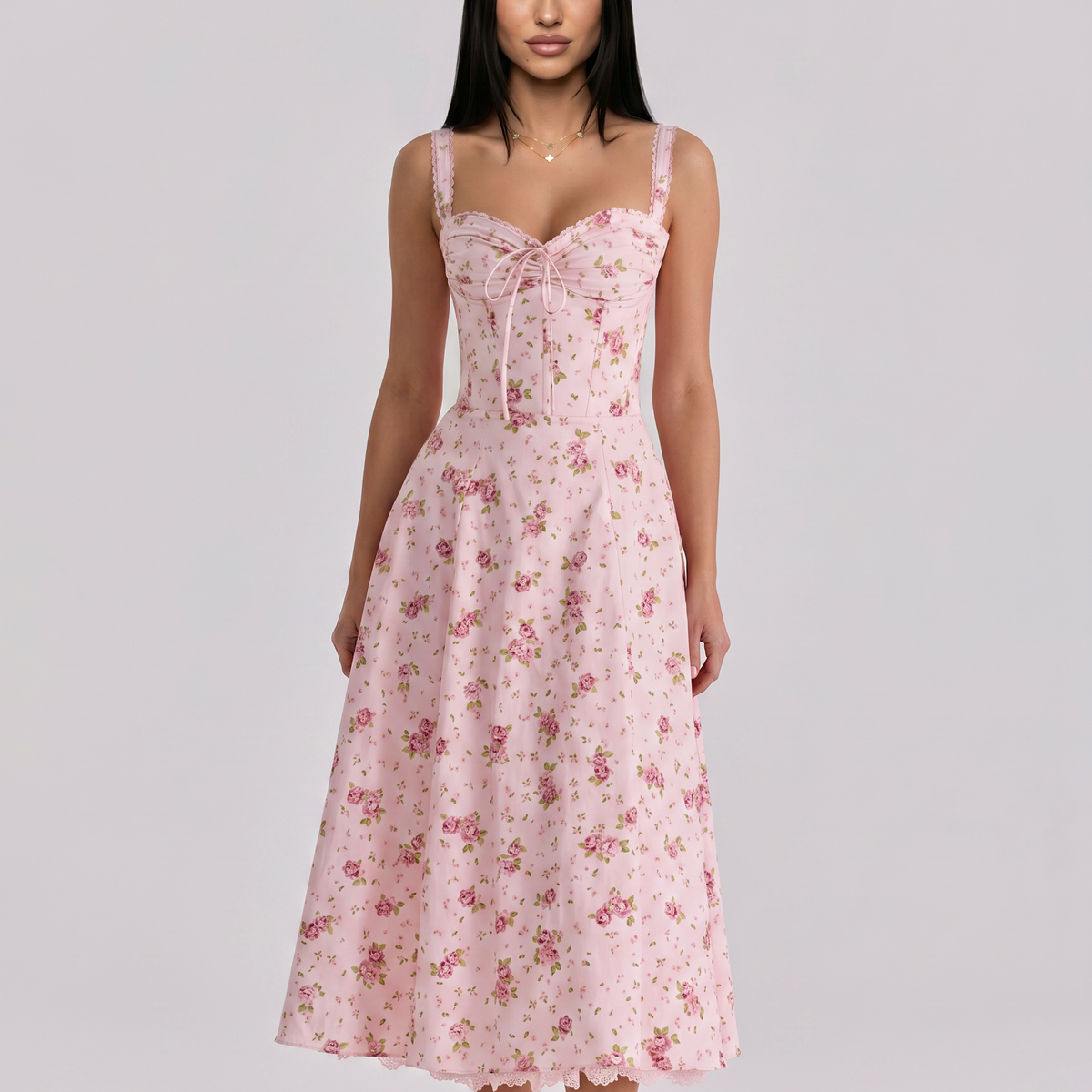 Frances | Midi Dress with Floral Print and Corset Bodice