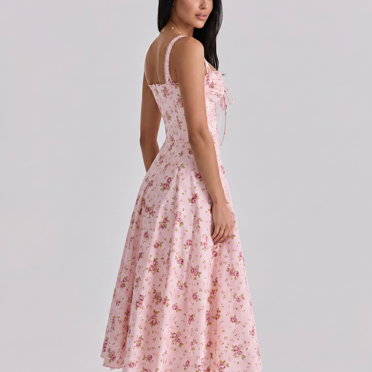 Frances | Midi Dress with Floral Print and Corset Bodice