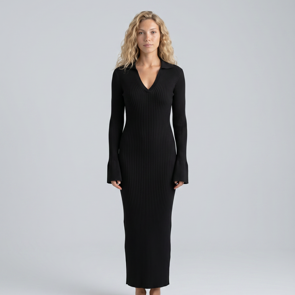 Lela | Ribbed Maxi Dress with Deep V-Neck