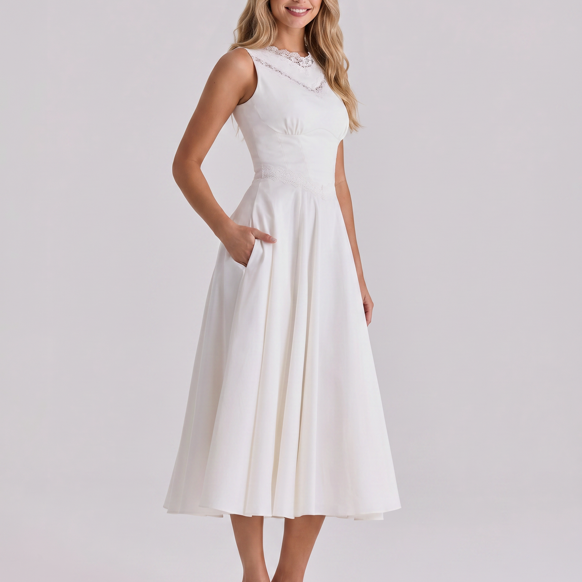 Jillian | Midi Dress with Lace Trim and Defined Waist