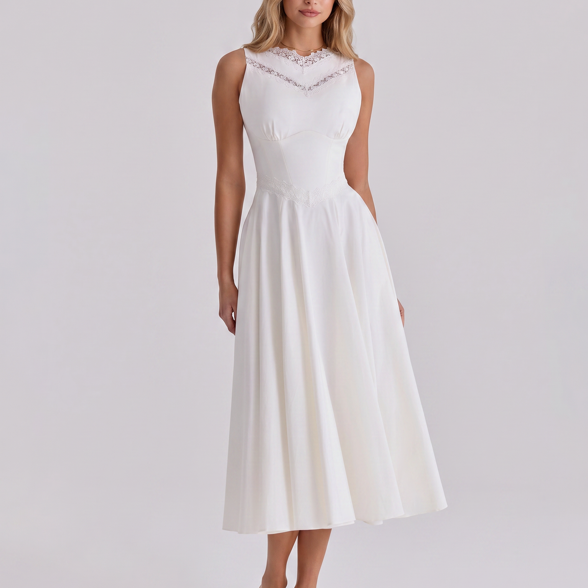 Jillian | Midi Dress with Lace Trim and Defined Waist