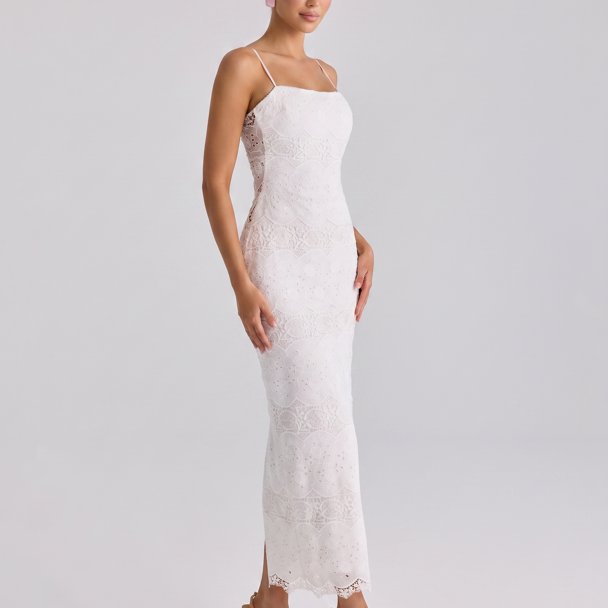 Kassandra | Midi Dress with Lace Overlay and Back Slit