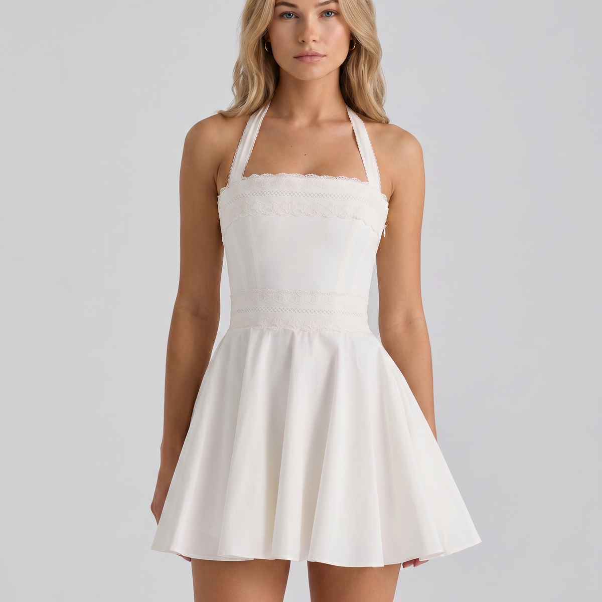 Diane | Halter Neck Mini Dress with Broderie Anglaise