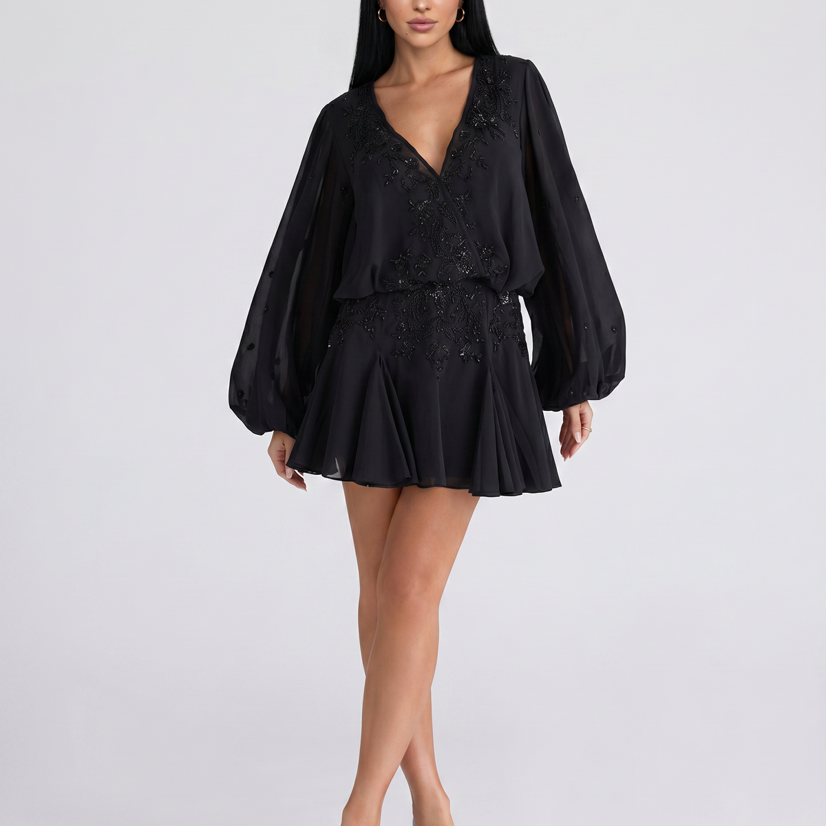 Celia | Beaded Mini Dress with Sheer Sleeves